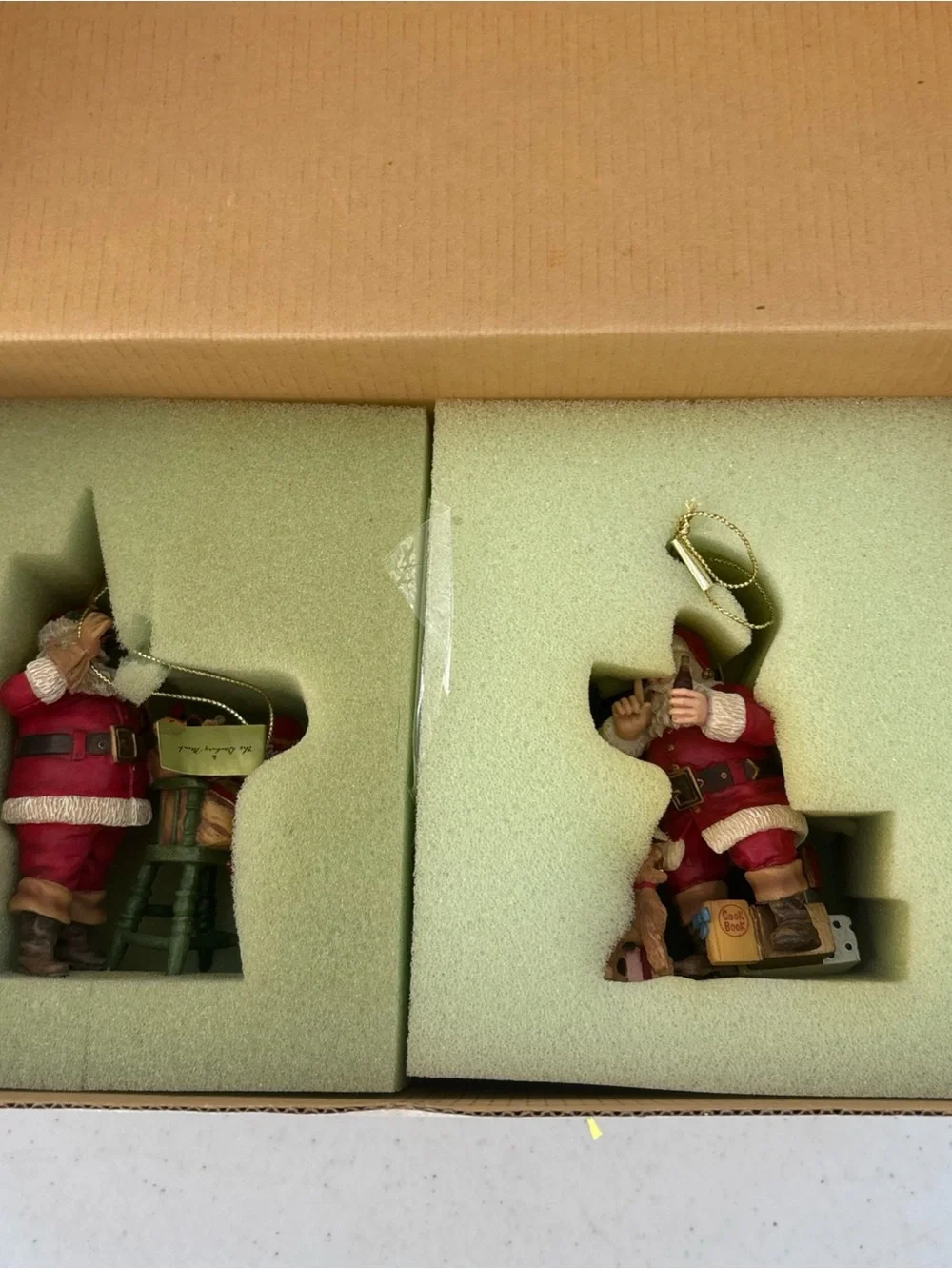 Danbury Mint Red and Gold Coca-Cola Santa Figurine Ornaments - Pair